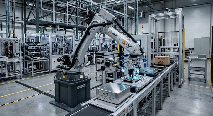 Industrial factory setting showing an Axis-branded robotic arm assembling electronic components on a conveyor system, with other Axis equipment visible in the background.