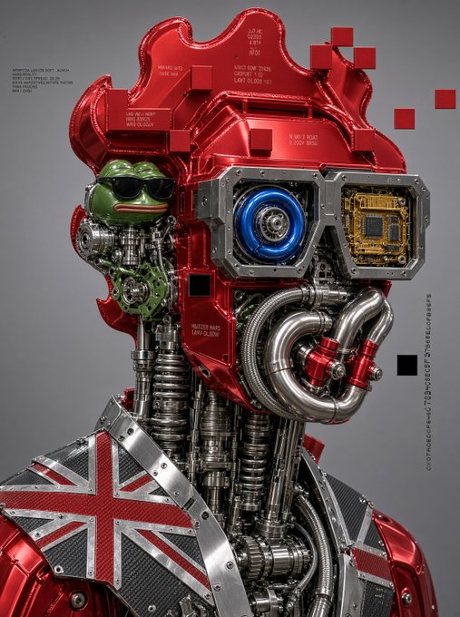 A highly detailed 3D rendering of a red robotic figure featuring exposed mechanical parts, a green frog character on the shoulder wearing sunglasses, and a Union Jack pattern on the chest.
