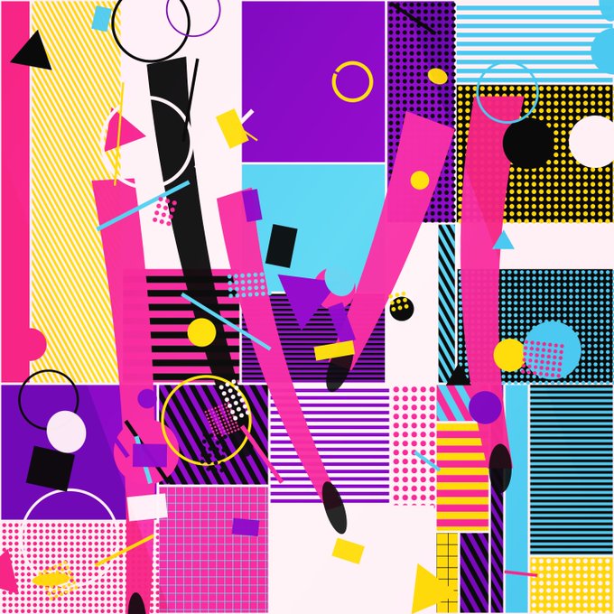 A vibrant, abstract Memphis-style design bursting with neon pink, purple, yellow, and cyan geometric shapes, halftone patterns, stripes, circles, and triangles creates an energetic visual that matches the playful, hype-driven tone of the post announcing an NFT presale (LEGS 7088) launching Sep 7 via Transient Labs.