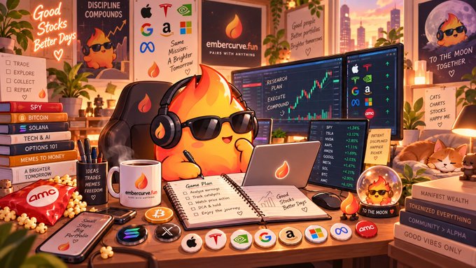 A cute flame mascot wearing sunglasses and headphones works at a desk filled with stock market charts (SPY, Bitcoin, Solana, NVDA, AAPL), investing books, and branded "embercurve.fun" merchandise, perfectly capturing the post's reference to "the mascot of ember is flames!!" alongside the meme-token ticker.
