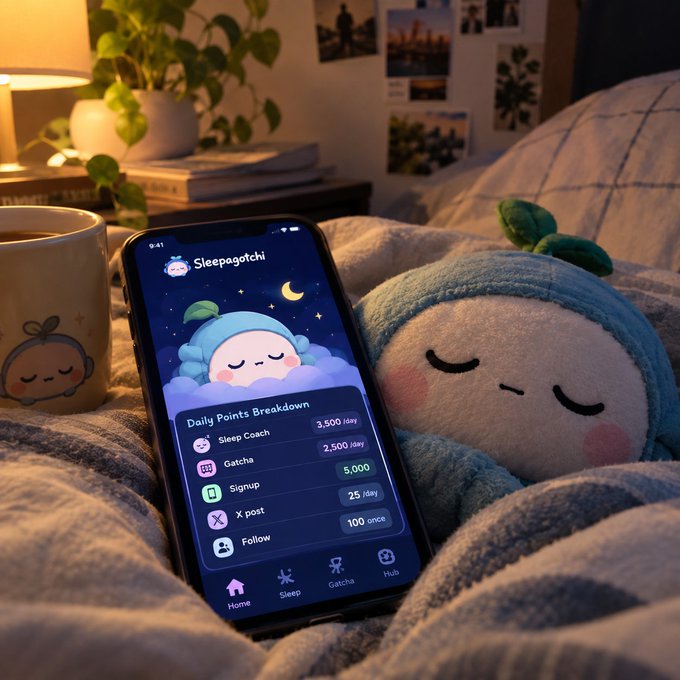 A smartphone displays the 'Sleepagotchi' app with a 'Daily Points Breakdown' showing points for Sleep Coach, Gatcha, Signup, X post, and Follow, resting next to a plush toy in a cozy bedroom setting.