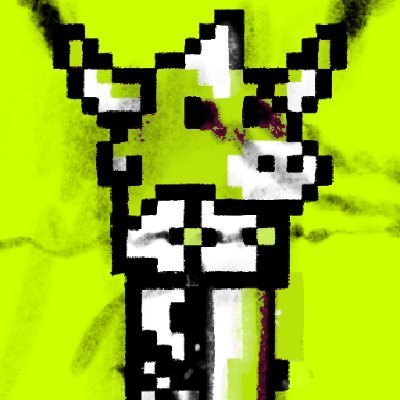 A low-resolution, highly stylized image depicts a cow-like figure with black and white blocks against a bright green and yellow background.