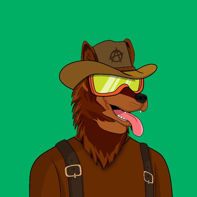 An illustrated portrait of a brown bear character wearing a cowboy hat with an anarchy symbol, neon green goggles, and suspenders against a green background.