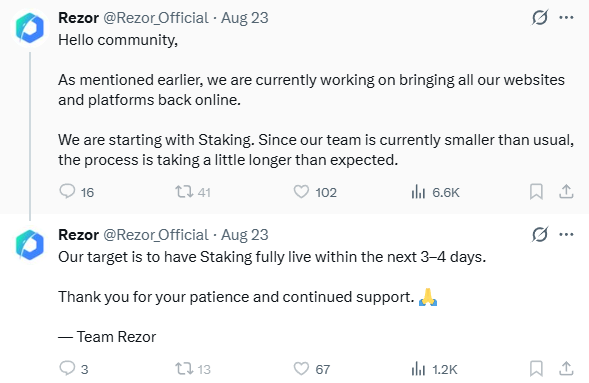 Two tweets from Rezor (@Rezor_Official) dated August 23 announcing that they are working to bring their websites back online, starting with Staking which is targeted to be live within 3-4 days.
