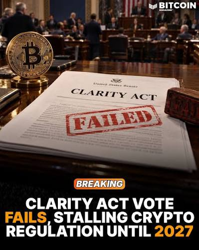 A political scene shows a "United States Senate CLARITY ACT" document stamped "FAILED" in red ink on a desk beside a Bitcoin coin, with the headline "CLARITY ACT VOTE FAILS, STALLING CRYPTO REGULATION UNTIL 2027." The image visually reinforces the post's news that the Crypto Clarity Act failed to pass the Senate, pushing regulatory progress for digital assets like Bitcoin into 2027.