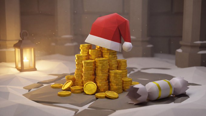 A 3D rendered illustration showing a pile of gold coins topped with a red Santa hat, sitting in the snow next to a lantern and a wrapped candy.