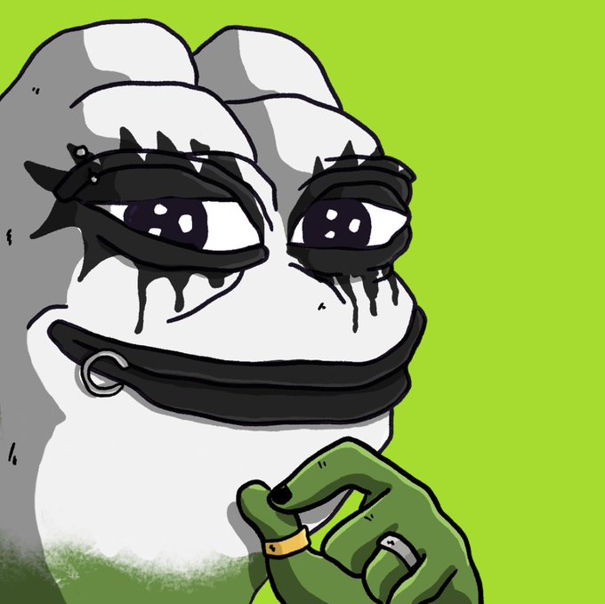 A digital drawing of a gray and white character with heavy black eyeliner and tear-like dripping makeup, holding a green hand with a ring against a bright green background.
