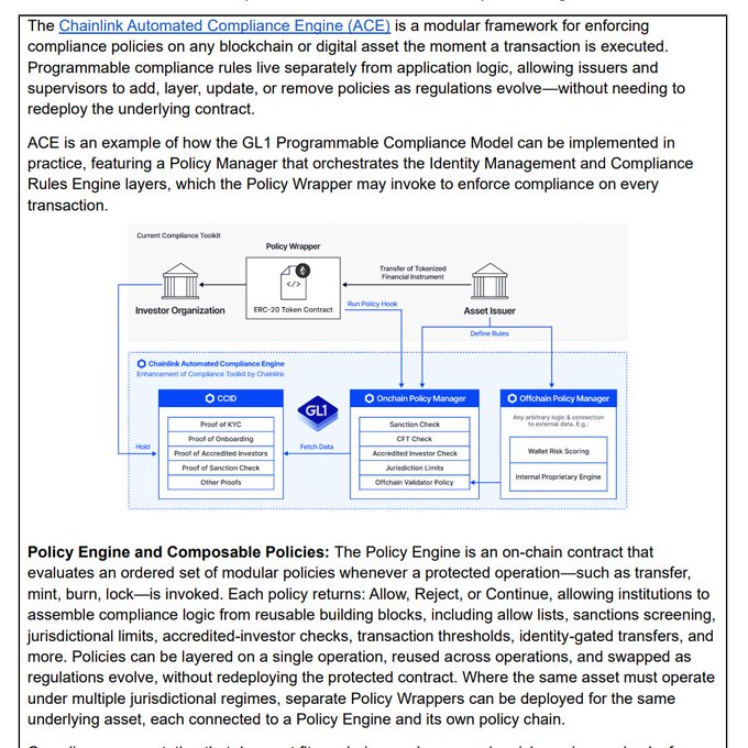 A technical document explaining the Chainlink Automated Compliance Engine (ACE), featuring a diagram of the Policy Manager, Compliance Rules Engine, and Identity Management layers for enforcing compliance on blockchain transactions.