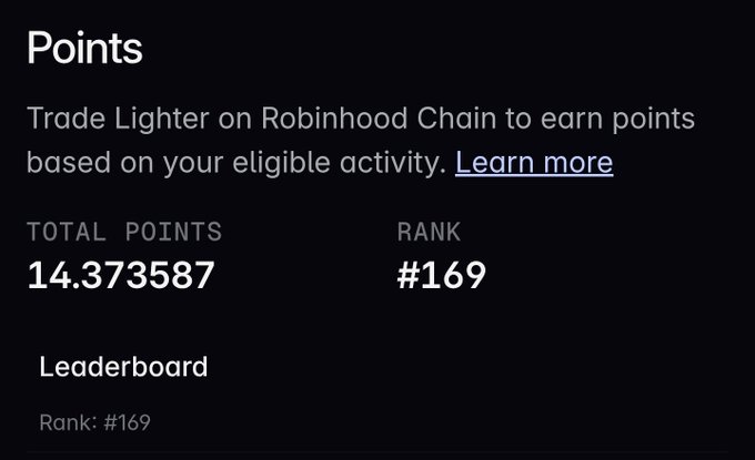 A screenshot from Robinhood Chain showing a user's Points summary with a total of 14.373587 points and a rank of #169 on the Lighter trading leaderboard.