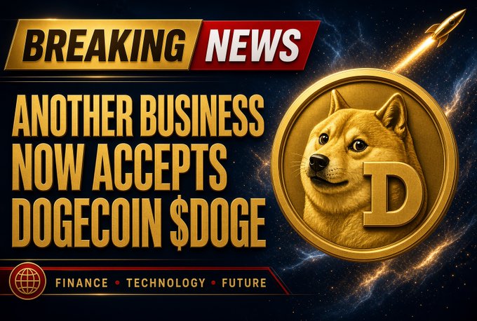 The image is a "Breaking News" graphic announcing "Another Business Now Accepts Dogecoin $DOGE," featuring the iconic Doge Shiba Inu on a gold coin alongside a launching rocket, all under a starry space backdrop, with tags for "Finance," "Technology," and "Future" at the bottom—visually reinforcing the post's announcement of a new merchant onboarded to accept $DOGE via Salaria Pay.