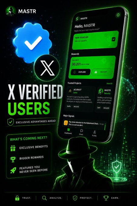 A promotional graphic for 'X VERIFIED USERS' on the MASTR platform, displaying a smartphone mockup, a blue verification badge, and text highlighting 'EXCLUSIVE BENEFITS', 'BIGGER REWARDS', and 'FEATURES YOU NEVER SEEN BEFORE' against a dark, tech-themed background.
