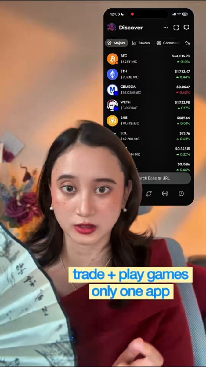 The image features a woman sitting down with her cell phone, which displays an app called "baseapp" that promotes trading and playing games only one app. The woman appears to be interested in this particular app as she is holding it up for the camera.