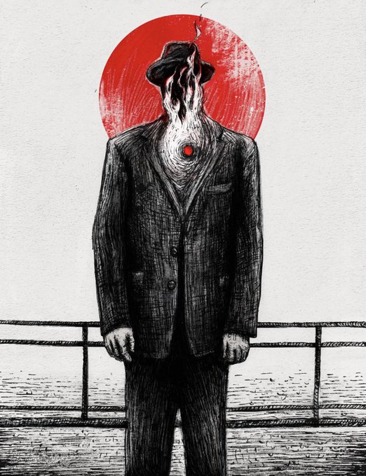 A dark, surreal ink illustration depicts a man in a black suit and fedora with a melting, featureless head, set against a large red circle resembling a sun, with a red dot on his chest.