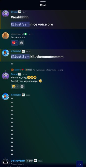 A chat application showing a conversation between users 'Dredd', 'uinnmyworld', 'KEHINDS', 'BREES', and 'JTINTEKO' discussing singing, with a long sequence of 'W' characters.
