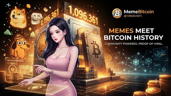 A promotional graphic for 'MemeBitcoin' (@1096361BTC) reading 'MEMES MEET BITCOIN HISTORY - COMMUNITY POWERED, PROOF-OF-VIRAL', featuring an anime-style woman alongside Doge and Bitcoin imagery.