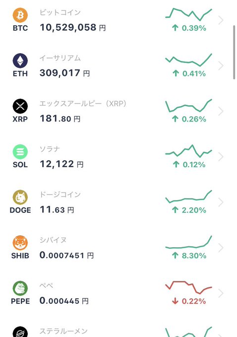 Japanese cryptocurrency price tracker app displaying prices and percentage changes for BTC (¥10,529,058, +0.39%), ETH (¥309,017, +0.41%), XRP (¥181.80, +0.26%), SOL (¥12,122, +0.12%), DOGE (¥11.63, +2.20%), SHIB (¥0.0007451, +8.30%), and PEPE (¥0.000445, -0.22%).