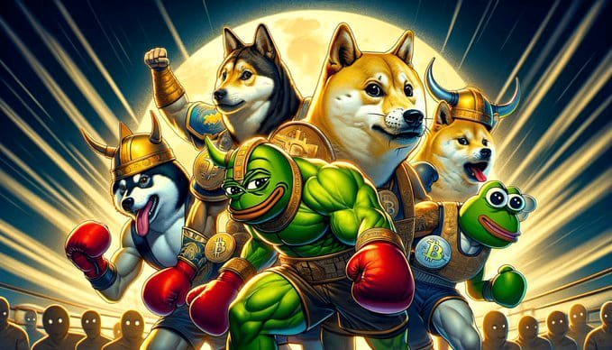 A colorful illustration shows muscular Shiba Inu dogs and Pepe the Frog wearing Viking helmets and boxing gloves, standing in a fighting pose with a moonlit background.