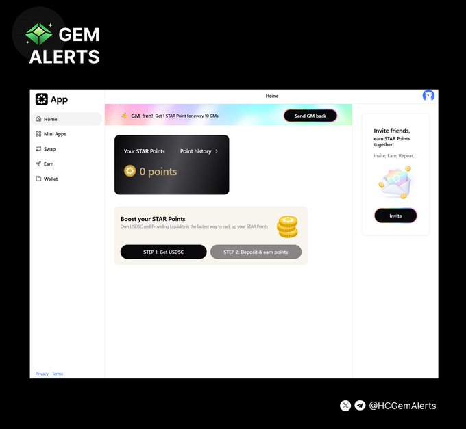 A promotional image for Gem Alerts displays the Startale App interface, showing a user's STAR Points balance (currently 0 points) with options to earn through USDC liquidity provision, check-ins, and referrals, alongside an "Invite friends" panel. This visual supports the announcement of Startale Group's new STAR Points reward system on their platform, following their $70M raise from backers like Samsung Next.
