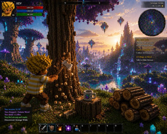 The image shows a boy standing next to a tree, holding an axe and chopping wood. He appears to be focused on his task at hand. The background of the image features a beautiful landscape with trees and mountains, creating a serene atmosphere. There is also a cup placed near the center of the scene, possibly containing water or another liquid for the boy's use during his work.