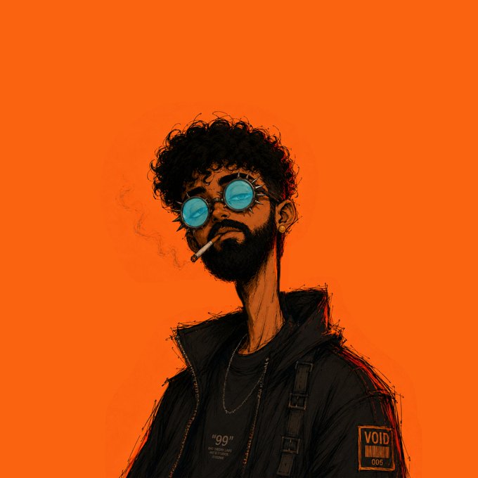 A stylized digital illustration of a bearded man with curly hair wearing teal sunglasses and a black jacket, smoking a cigarette against an orange background with a 'VOID' patch.