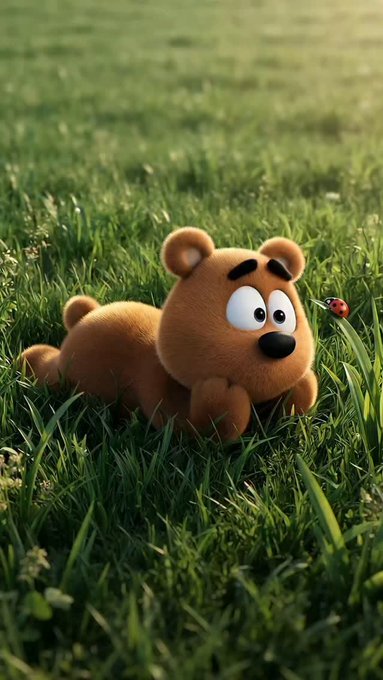 A fluffy cartoon bear with big expressive eyes crawls through tall green grass, curiously eyeing a small ladybug. The whimsical, dreamy scene mirrors the post's surreal vibe of waking up somewhere unexpected, capturing that "is this real?" feeling as the bear explores a whole new world on a sunny day.