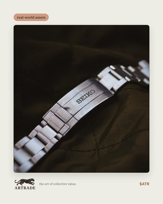 A close-up of a Seiko watch clasp resting on dark fabric, tagged "real-world assets" at the top and branded with "ARTRADE — the art of collective value" alongside the ticker $ATR at the bottom, visually representing an everyday collectible that the post argues cannot be feasibly tokenized on Ethereum due to gas fees, but becomes viable on Solana's low-cost network.