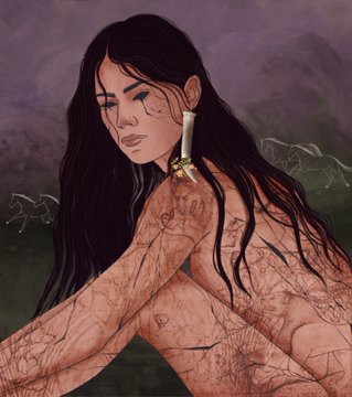 A digital painting of a woman with long dark hair, tears on her face, and intricate tattoos across her arms, holding a small flower.