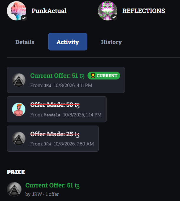 A mobile interface screenshot showing an activity feed between users "PunkActual" and "REFLECTIONS," displaying offers on an NFT, with the current offer at 51 t₹ and previous offers of 50 t₹ and 25 t₹ struck through.