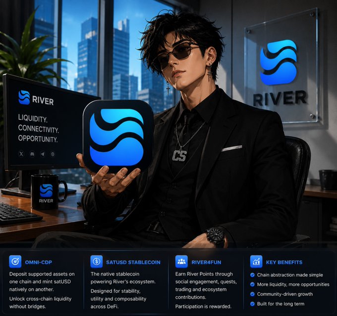 A promotional image for 'RIVER' cryptocurrency featuring an anime-style character in a black suit and sunglasses holding a logo, with information about OMNI-CDP, SATUSD Stablecoin, and River4Fun at the bottom.
