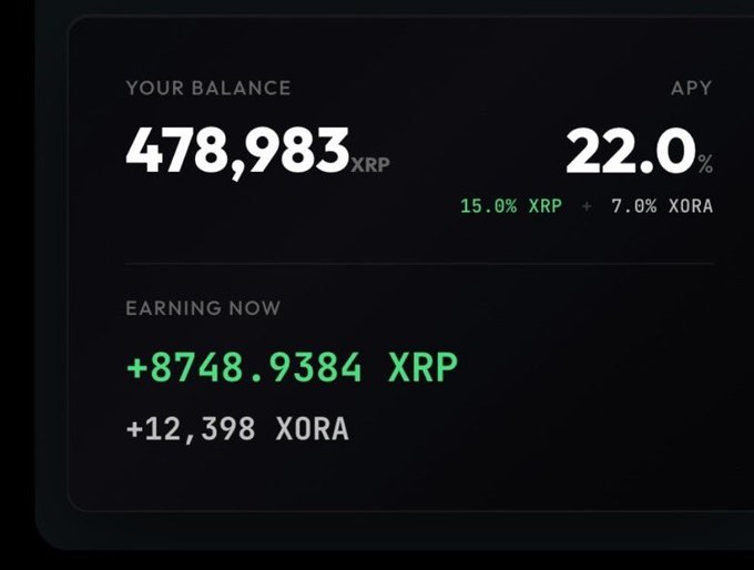 A dark-themed dashboard showing a balance of 478,983 XRP with an APY of 22.0% (15.0% XRP + 7.0% XORA), currently earning +8748.9384 XRP and +12,398 XORA.