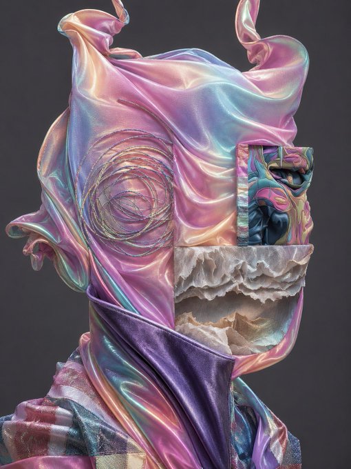 An avant-garde portrait features a figure draped in iridescent pink and blue fabric with a textured sculptural face, a scribbled eye detail, and visible teeth, set against a dark background.