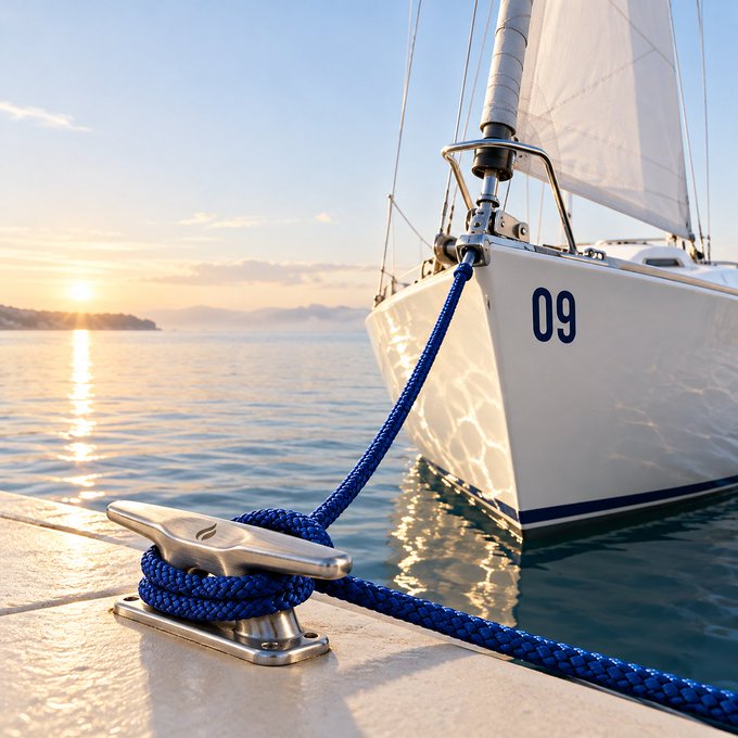 A white sailboat marked '09' docked at a pier, secured with a blue rope tied to a metal cleat, with a sunset reflecting on the calm water.