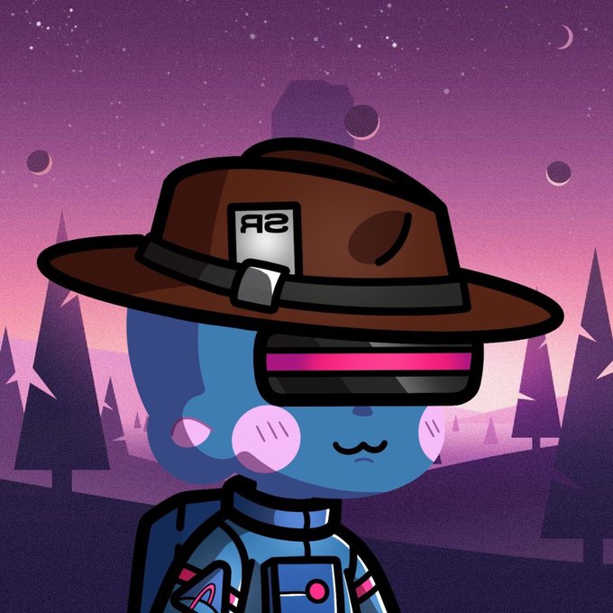A cartoon blue character wearing a brown scout-style hat with 'R2' badge and pink futuristic sunglasses, with pink bubblegum bubble on its cheek, against a purple twilight sky with silhouetted pine trees.