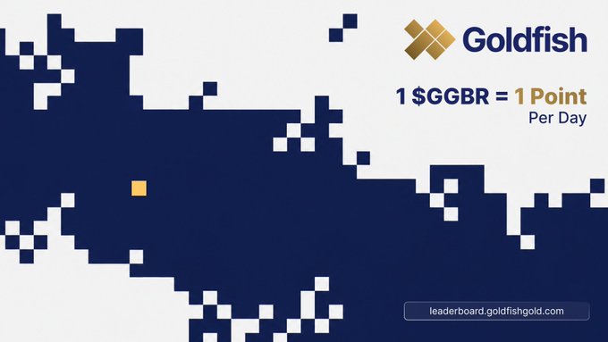 The image features a poster for Goldfish that includes a map of the ocean with a small yellow dot, along with text about maximizing potential allocation strategies. The poster also mentions a leaderboard for active users who hold goldfish assets, which could be related to the current season or theme.