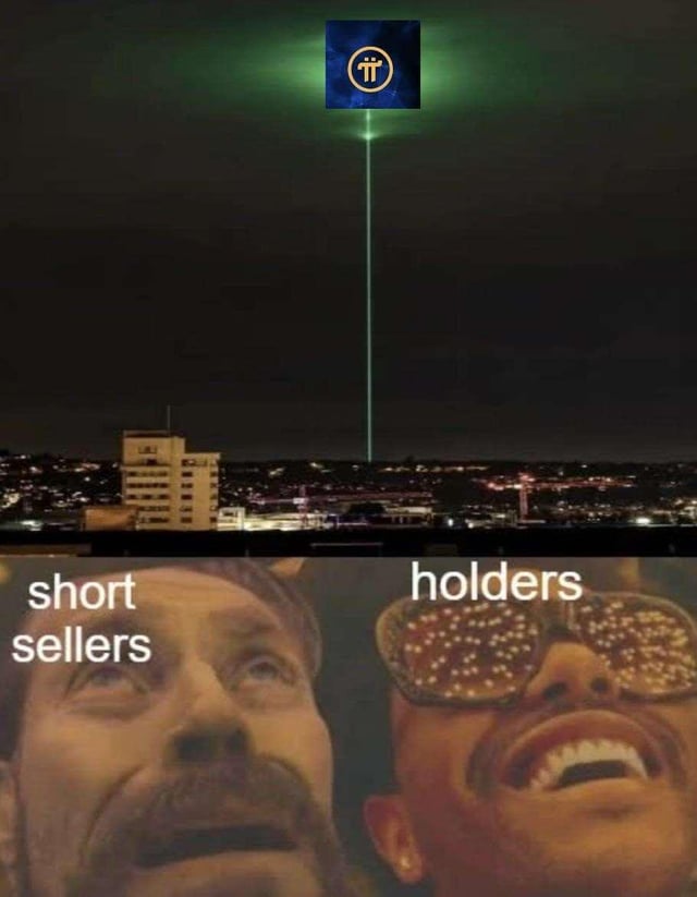 A green Pi Network laser beams down from the sky toward the city, while two men gaze up in awe—one labeled "short sellers" and the other "holders" wearing psychedelic sunglasses. The meme mocks Pi short sellers and celebrates holders, aligning with the post's confident "Any day now $PI" sentiment that a price surge is imminent.