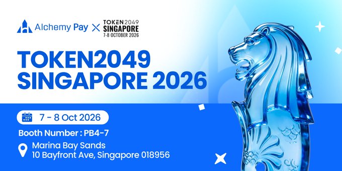 Promotional banner for Alchemy Pay's attendance at TOKEN2049 Singapore 2026, held 7-8 Oct 2026 at Marina Bay Sands (Booth PB4-7), featuring the event's blue merlion logo.