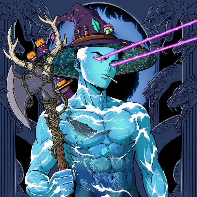A stylized digital artwork depicting a muscular blue water-based humanoid character wearing a wizard hat adorned with mushrooms and feathers, smoking a cigarette while shooting pink laser beams from his eyes and holding an axe-like weapon.