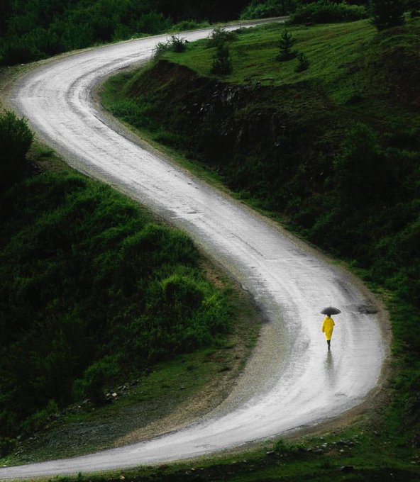 An aerial view captures a solitary figure in a bright yellow raincoat walking along a winding wet road through lush green hills.