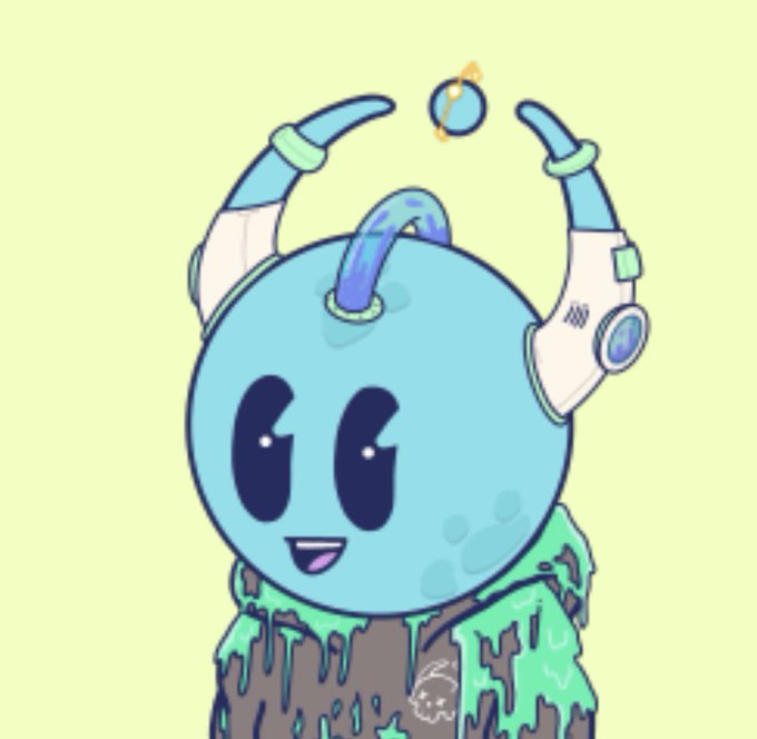 A cartoon illustration of a blue alien-like creature with horns, a green slime body, and a small planet with rings orbiting its head on a yellow background.
