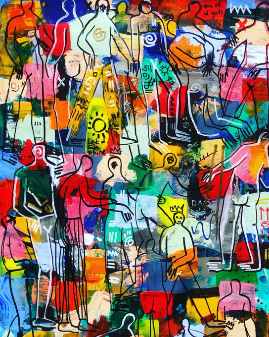 A colorful abstract expressionist painting filled with overlapping stylized human figures and scribbled text in vibrant hues of red, blue, yellow, and green.