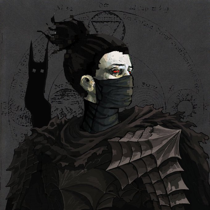 A dark, stylized digital illustration of a character with a black bun, glowing red eyes, and a face covering, set against a backdrop with occult symbols and text.