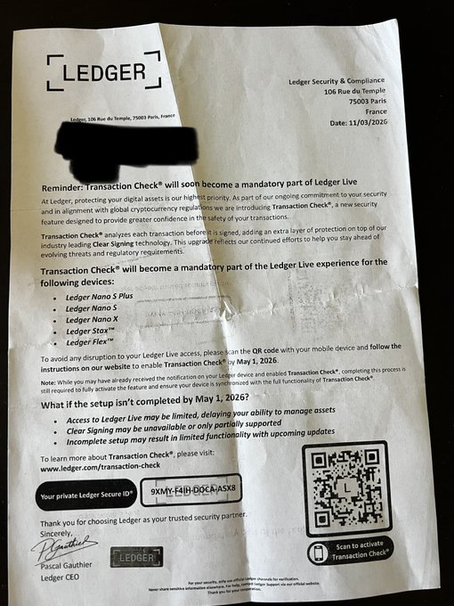 An official letter from 'Ledger Security & Compliance' dated 11/03/2025 regarding 'Transaction Check*' becoming mandatory, addressed to a user in Paris, France, with a QR code and activation instructions.