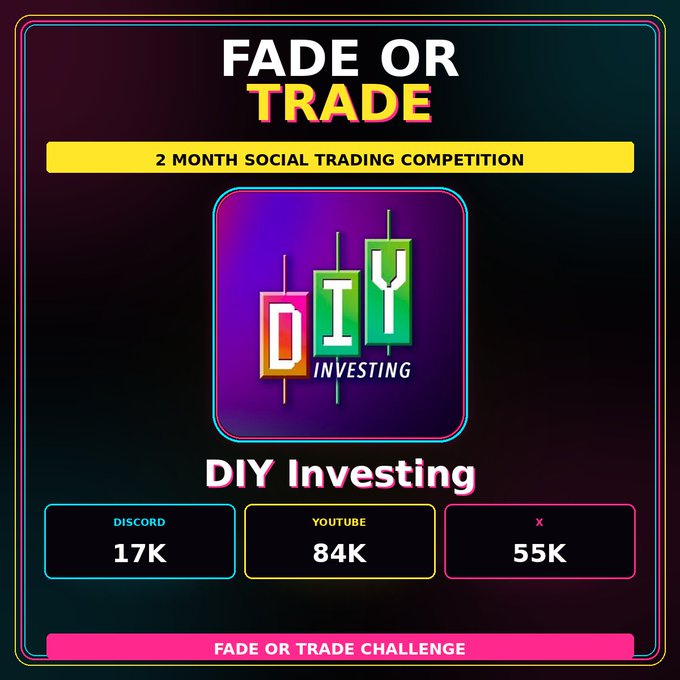 A promotional graphic for a 'FADE OR TRADE' 2-month social trading competition by DIY Investing, displaying follower counts: Discord 17K, YouTube 84K, and X 55K.