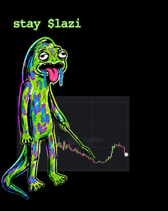 A psychedelic illustration of a green and pink lizard-like creature with its tongue out holds a pointer over a declining Jupiter stock chart, with the text "stay $lazi" above.