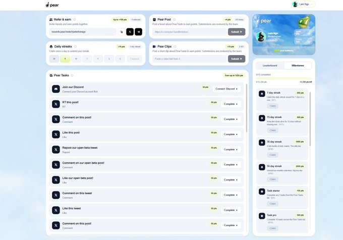 A screenshot of the Pear.fun website displaying various tasks to earn points, including referring friends, posting on Pear, completing daily streaks, and social media engagement tasks worth 50 points each.