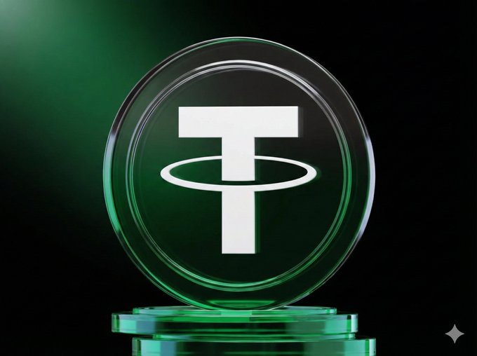 A stylized green Tether (USDT) logo is displayed on a circular glass pedestal against a dark background. The image visually represents the Tether-linked payments firm mentioned in the breaking news about DOJ accusations of illegal money movement involving Capstone, Tether, and Bitfinex.