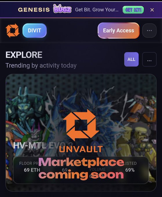 A promotional screenshot announcing the upcoming Unvault Marketplace, featuring "Genesis Bugz" and the "DIVIT" project (HV-MTL EVO 2), with a floor price of 69 ETH and labeled as "Early Access." The image visually supports the post's claim that Genesis Bugz by Unvault is a significant new NFT platform positioning itself as a potential rival to OpenSea.