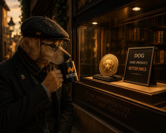 The image features a man dressed as a dog, holding a coffee cup with a dog-themed design on it. The background includes a store window display showcasing a gold coin and a sign that reads "dog same price". This suggests that the man is promoting a product or service related to dogs, possibly a dog toy or pet care item.

The post also mentions GM $DOG ARMY Same community. Same conviction. Lower price. The image seems to be an advertisement for a dog-related business, with the man dressed as a dog and holding a coffee cup to attract attention and convey the message effectively.