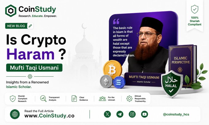 A blog header from CoinStudy.co titled 'Is Crypto Haram?' featuring a quote from Islamic Scholar Mufti Taqi Usmani, alongside a '100% Shariah Compliant' badge and a 'Halal' shield graphic.