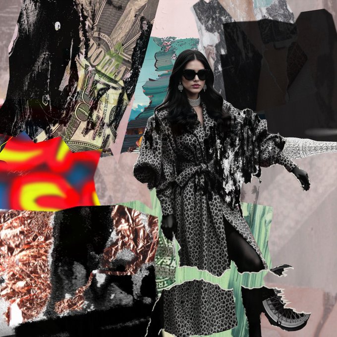 A collage-style fashion image shows a woman in a leopard print coat and sunglasses posing dynamically against a mixed-media background of torn posters and currency.